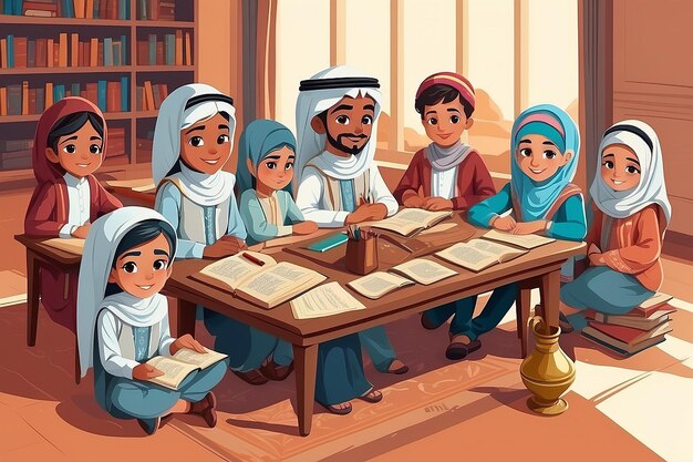 Foto encepto de aprendizaje con escolares árabes en la mesa con ropa nacional conjunto de alumnos árabes en estilo plano