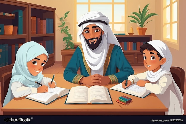 Encepto de aprendizaje con escolares árabes en la mesa con ropa nacional Conjunto de alumnos árabes en estilo plano