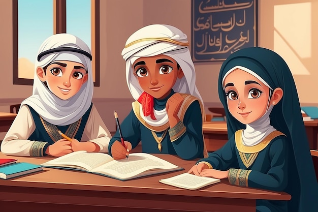 Encepto de aprendizaje con escolares árabes en la mesa con ropa nacional Conjunto de alumnos árabes en estilo plano