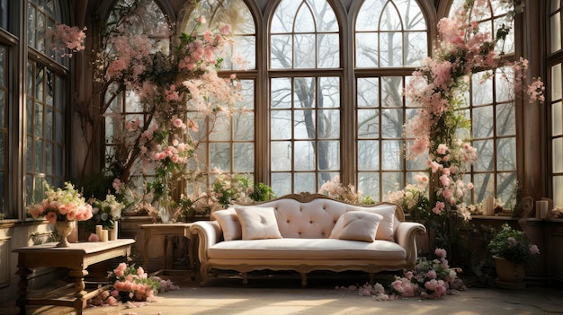 Enchanted Blossom Conservatory Un lujoso sofá vintage en medio de un país de las maravillas florales