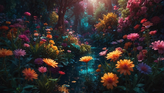 Enchanted Eden Symphony El capricho del jardín de neón florece en un oasis surrealista