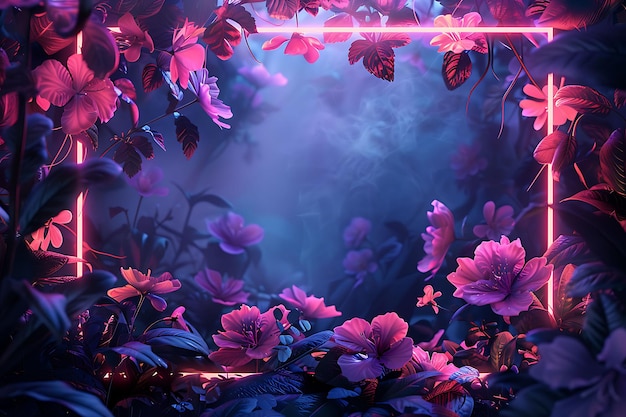 Enchanted Garden Arcane Frame mit blühenden Blumen und Vine Neon Color Hintergrundkunstkollektion