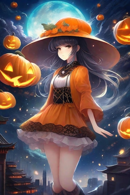 Enchanted Nightfall Anime Girl com chapéu de abóbora em meio a um cenário urbano iluminado pelas estrelas
