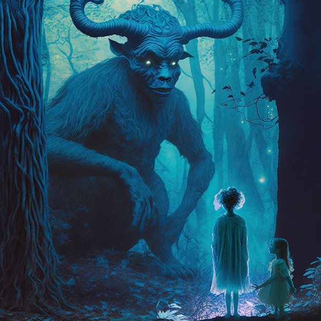 Enchanting Encounter Giant Demon e Little Girl in the Dark Forest