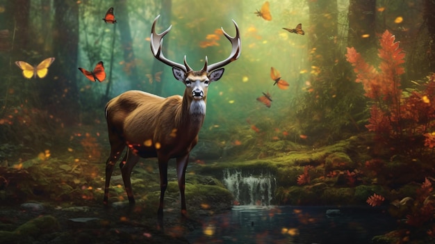 Enchanting Encounter Majestic Deer Amidst a Flutter of Butterflys GenerativeAI