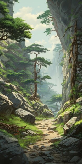 Enchanting Fantasy Landscape Dynamische Pinselarbeiten mit zart dargestellten Bäumen und Felsen