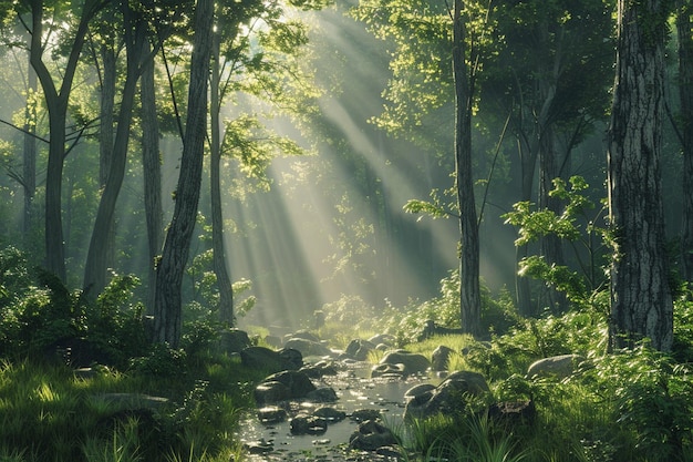 Enchanting floresta glen com a luz do sol fluindo thr