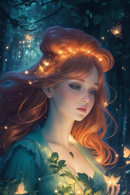 Enchanting Forest Reverie Curvy Ginger Woman Backlit by Fireflies Um quadrinho vintage altamente detalhado