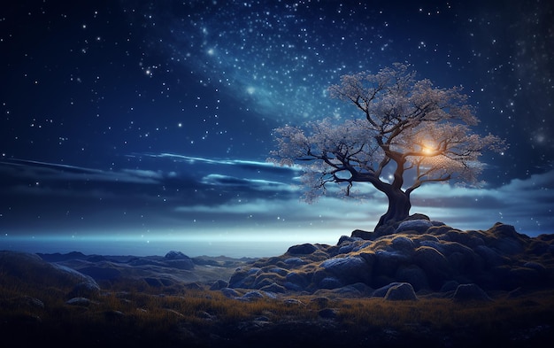 Enchanting Night Sky 3D-Rendering der Baumlandschaft