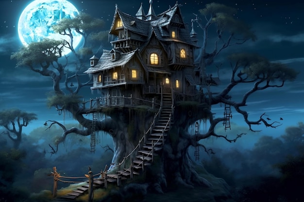 Enchanting Treehouse Full Moon ilumina una escena misteriosa AI