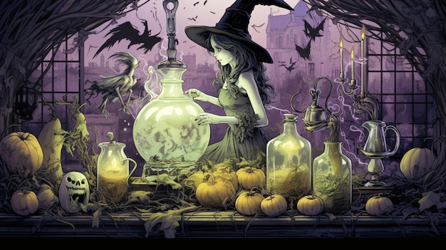 Enchanting Witch mit schwarzem Hut und grüner Vase inmitten einer Kürbisspatch-Generative KI