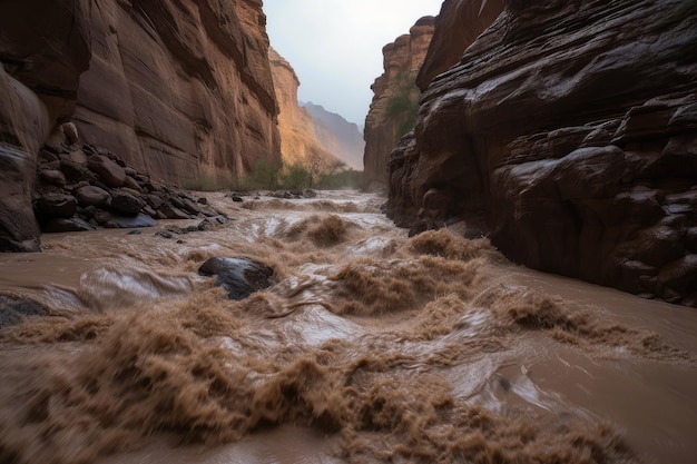 Enchente repentina correndo por um desfiladeiro estreito com paredes de rocha subindo de ambos os lados