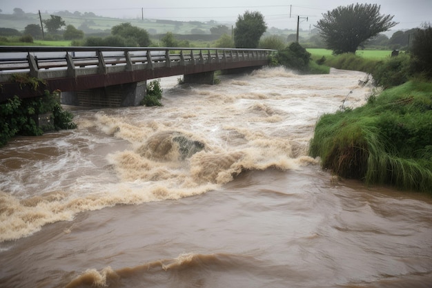 Enchente repentina envolve ponte e campos verdes próximos