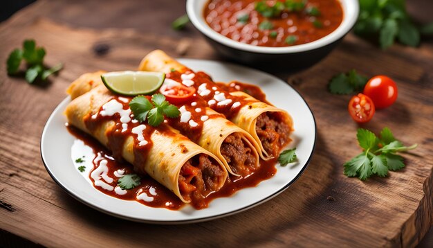 Enchilada mit Rindfleisch mit Tomatensauce auf einem Holztisch mexikanischer Küche