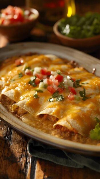 Enchiladas com queijo apetitosas servidas num prato com coberturas frescas