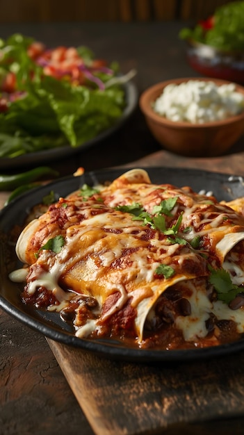 Foto enchiladas com queijo apetitosas servidas num prato com coberturas frescas