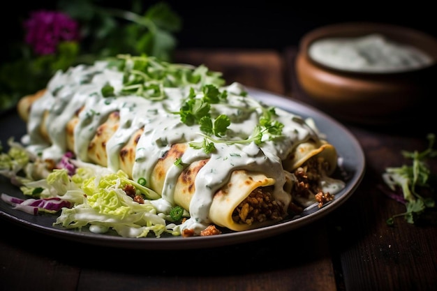 Enchiladas de cordero con salsa de yogur de menta