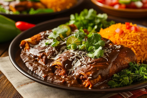 Enchiladas de mole e arroz comida mexicana