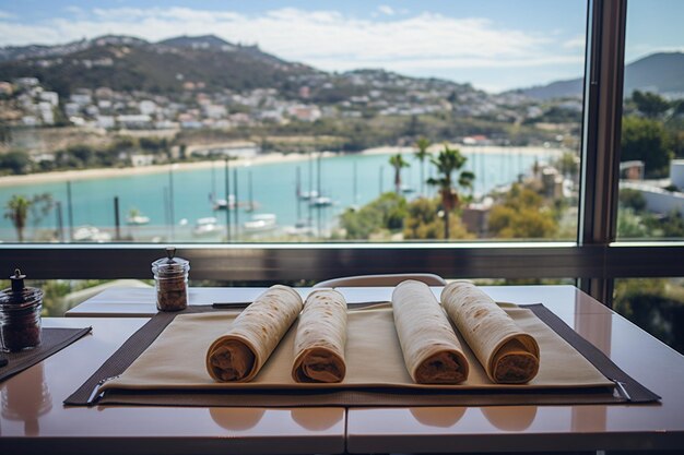 Foto enchiladas, die in einem restaurant mit blick auf die küche serviert werden