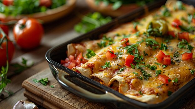 Enchiladas horneadas con queso derretido tomates frescos y hierbas en la cocina pan-mexicana generada por IA