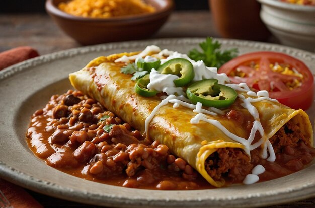 Enchiladas con un lado de arroz mexicano y refr