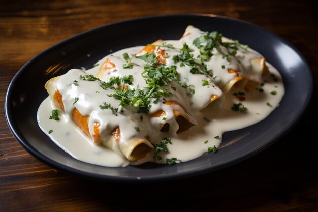 Enchiladas de mariscos con salsa blanca y cremosa