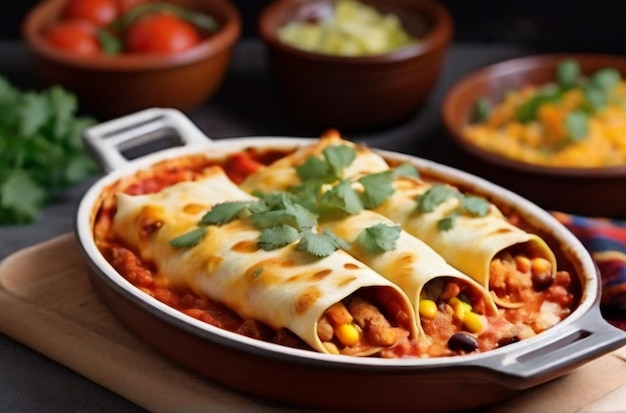 Enchiladas mexicanas con pollo, verduras, grano de maíz, salsa de tomate y queso servidas en el horno