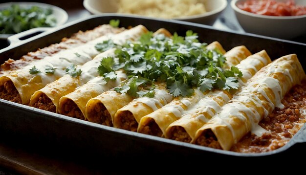 Foto enchiladas, un plato tradicional mexicano con relleno de carne y verduras