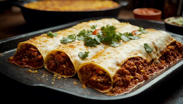 Foto enchiladas, un plato tradicional mexicano con relleno de carne y verduras