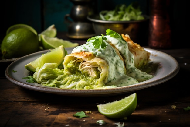 Foto enchiladas de pollo y aguacate con salsa de tomatillo