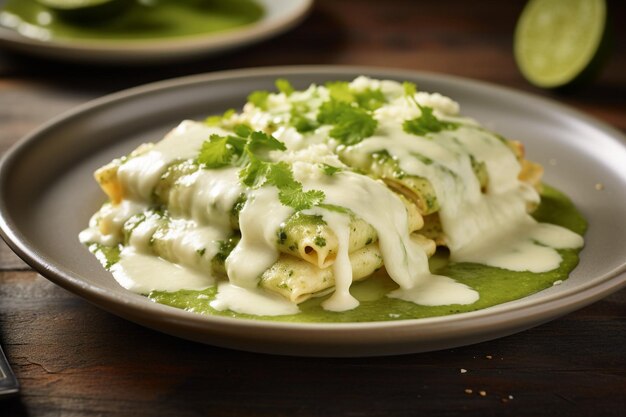 Foto enchiladas de pollo suizas con salsa de tomatillo cremosa