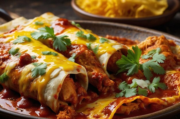 Enchiladas de pollo Tandoori ahogadas en salsa y che