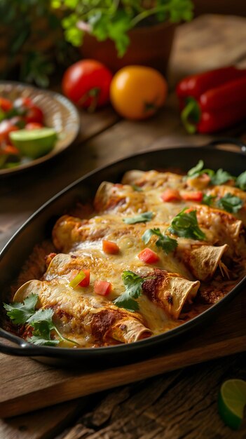 Enchiladas de queso apetitosas servidas en un plato con ingredientes frescos