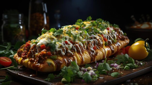 enchiladas rellenas de verduras y carne con mayonesa derretida y salsa picante en un plato de madera