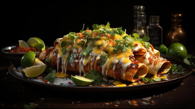 Enchiladas rellenas de verduras y carne con mayonesa derretida sobre una mesa de madera