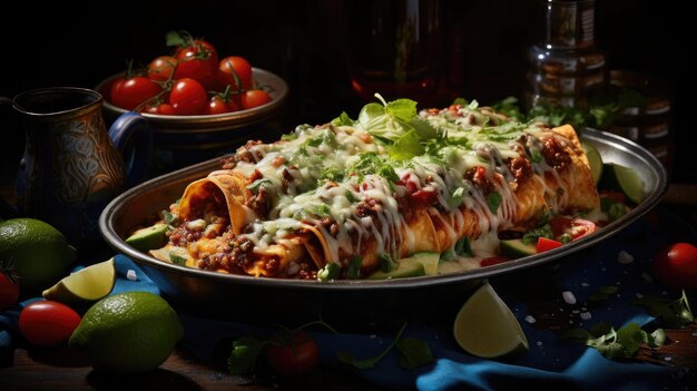 Enchiladas rellenas de verduras y carne con mayonesa derretida sobre una mesa de madera