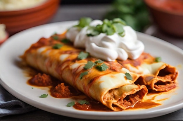 Enchiladas revestidas com um turbilhão de creme azedo no topo