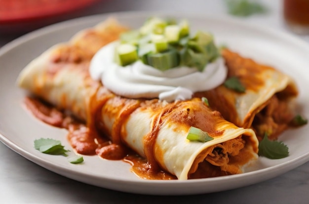 Enchiladas revestidas com um turbilhão de creme azedo no topo