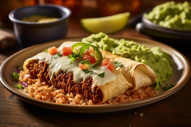 Enchiladas sendo revestidas com um lado de feijão preto picante