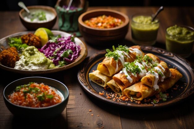 Enchiladas servidas con lados tradicionales mexicanos como