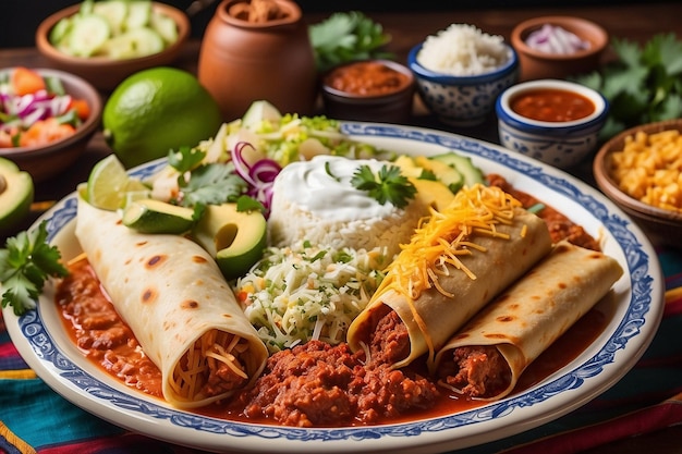 Enchiladas-Teller in der Mitte unter anderen traditionellen Gerichten der salvadoranischen Küche