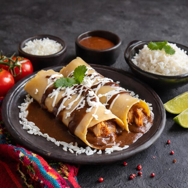 Enchiladas tradicionales de pollo mexicano con salsa de mole sobre un fondo de madera