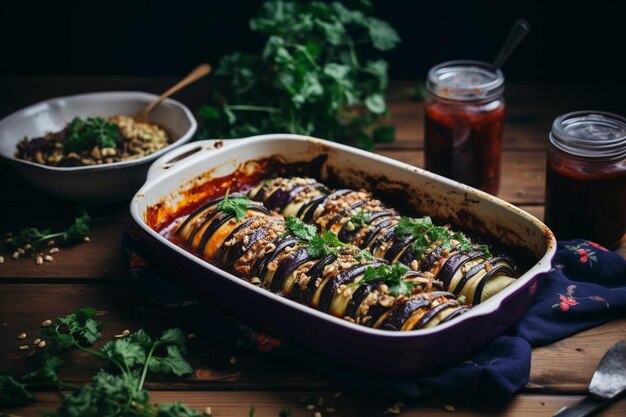 Enchiladas veganas de berenjena y garbanzo con salsa de harissa