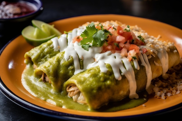 Enchiladas verdes, comida mexicana, com, guacamole