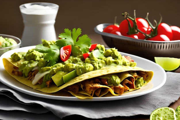 Enchiladas verdes de comida mexicana con guacamole.