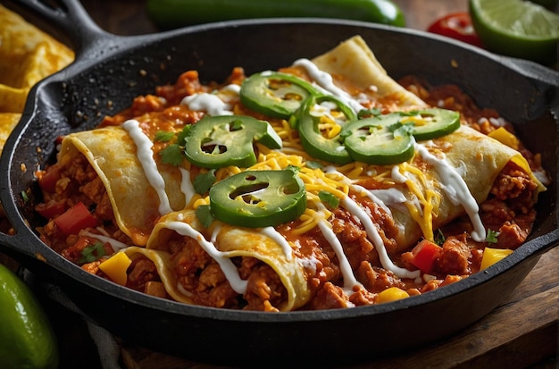 Foto enchiladas werden in einer gusseisenpfanne zubereitet