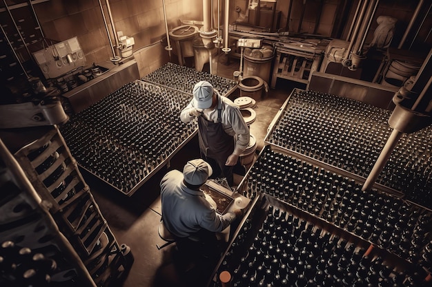 Enchimento generativo de garrafas de AIgarrafas de vinho enchidas com vinho por uma máquina industrial numa fábrica de vinho