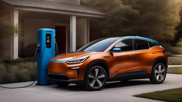 Foto enchufando el cargador eléctrico azul en naranja ev coche eléctrico illsutration generativo ai arte