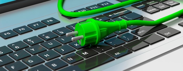 Enchufe de alimentación verde en la ilustración 3d del teclado de la computadora