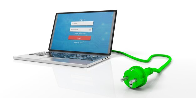 Enchufe de alimentación verde en el ordenador portátil aislado en la ilustración 3d de fondo blanco